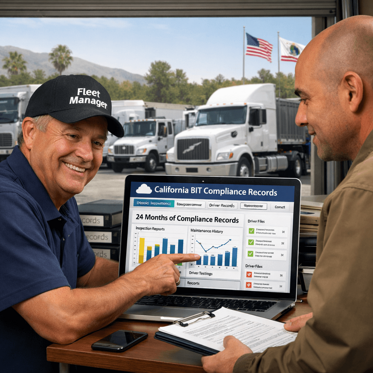 A fleet safety manager easily providing 24 months of California BIT compliance records to an auditor using a cloud-based software dashboard