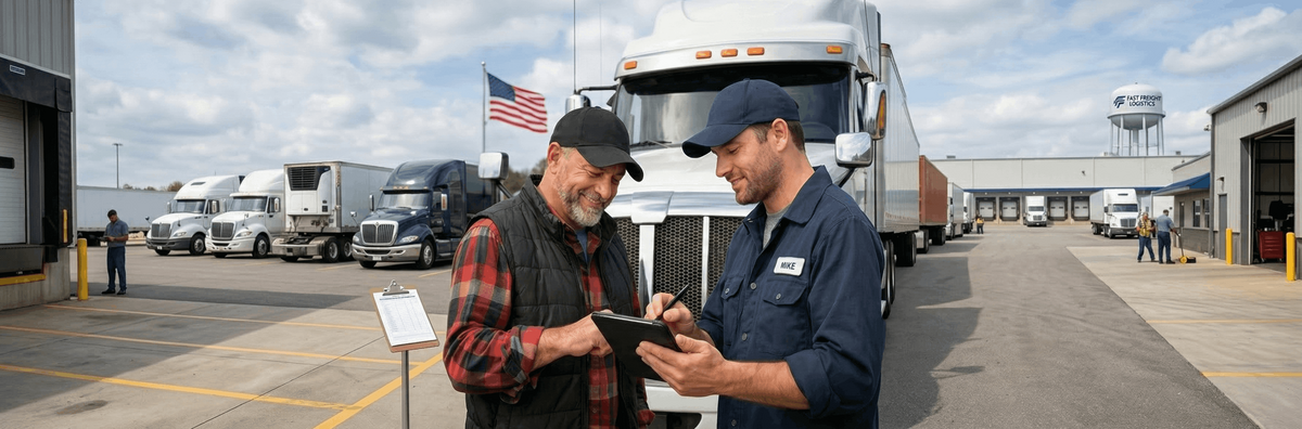 A truck driver and a diesel mechanic using a tablet to sign off on an electronic DVIR next to a commercial truck