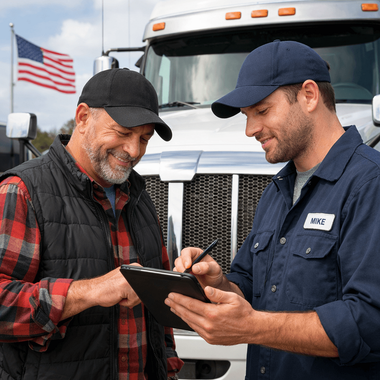 A truck driver and a diesel mechanic using a tablet to sign off on an electronic DVIR next to a commercial truck