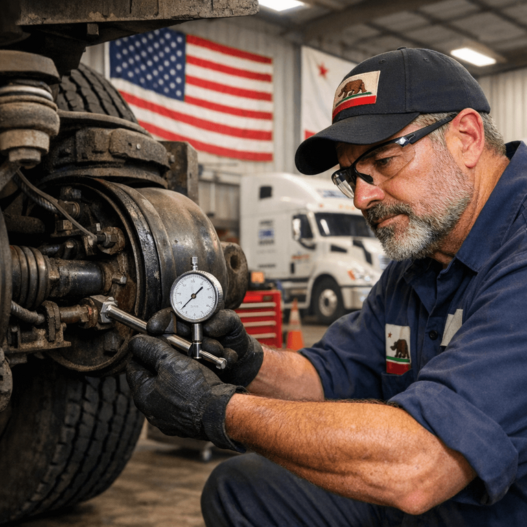 A qualified heavy duty diesel mechanic measuring pushrod travel during a mandatory California 90-day BIT mechanical inspection