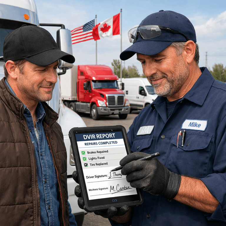 A commercial fleet mechanic providing the second signature on a digital DVIR app certifying that repairs have been made