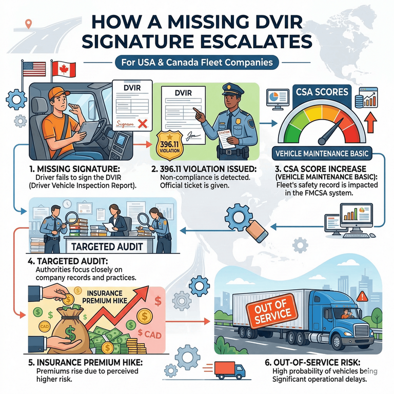 How a missing DVIR signature escalates from a 396.11 violation to CSA score increase, targeted audit, insurance premium hike, and out-of-service risk
