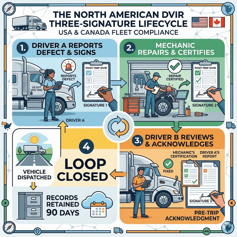 The DVIR three-signature lifecycle flowchart showing Driver A reports defect and signs, Mechanic repairs and certifies, Driver B reviews and acknowledges, loop closed and vehicle dispatched