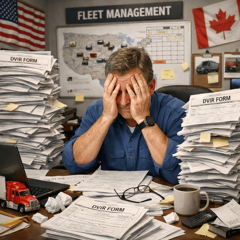 A fleet manager overwhelmed by stacks of paper DVIR forms in a messy office
