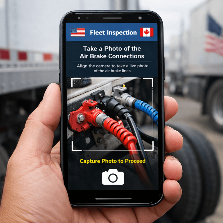 A smartphone screen showing a fleet inspection app prompting the driver to take a live photo of the air brake connections to proceed