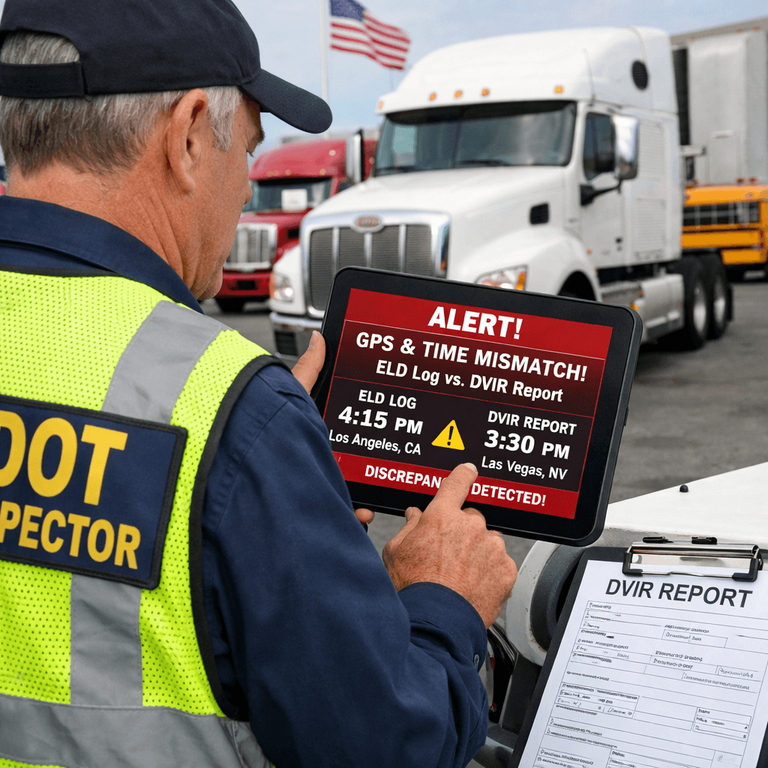 A DOT inspector holding a tablet displaying a red alert for a GPS and time mismatch between an ELD log and a submitted DVIR