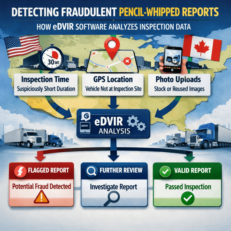 A flowchart demonstrating how eDVIR software analyzes inspection time, GPS location, and photo uploads to flag fraudulent pencil-whipped reports
