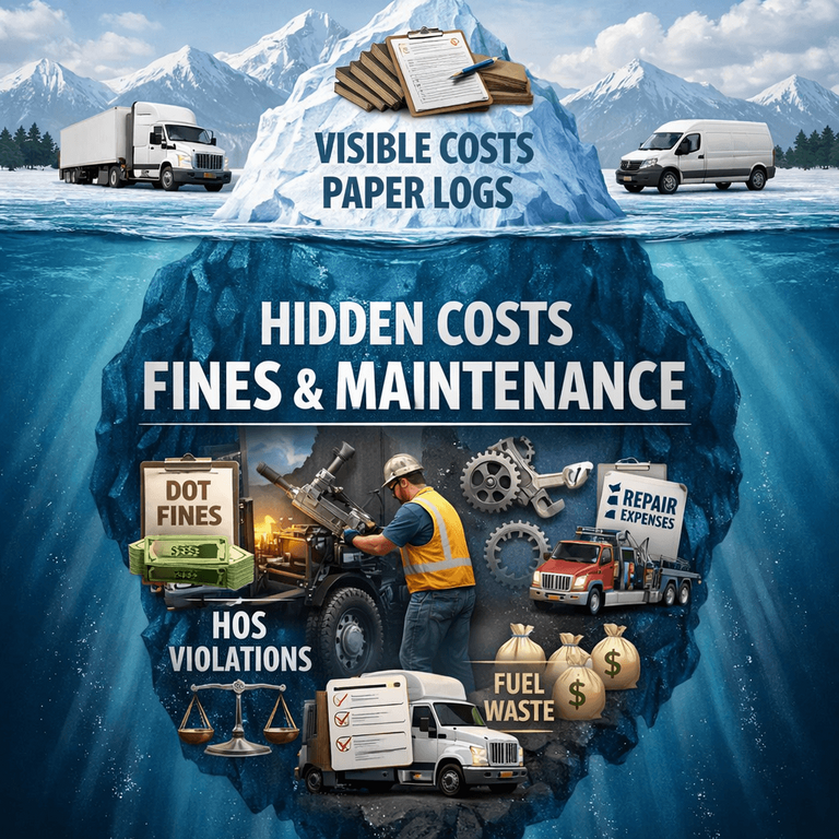 An iceberg showing the small visible cost of paper logs versus the massive hidden costs of fines and maintenance