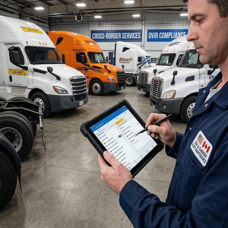 A diesel mechanic using a tablet to instantly receive and sign off on electronic DVIR defect reports