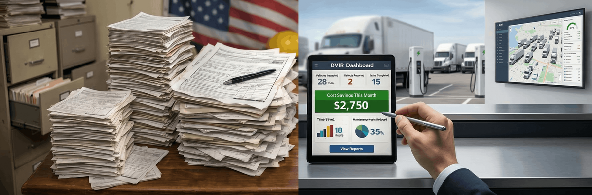 A side-by-side comparison of a messy stack of paper DVIR forms and a modern electronic DVIR dashboard displaying cost savings