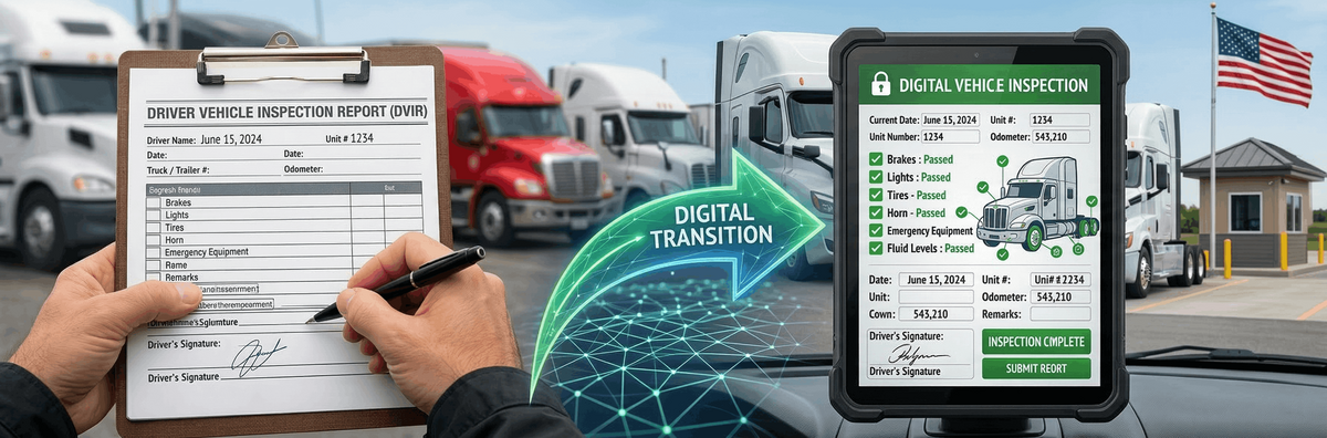 A paper DVIR form being quickly signed next to a tablet showing a secure digital inspection process