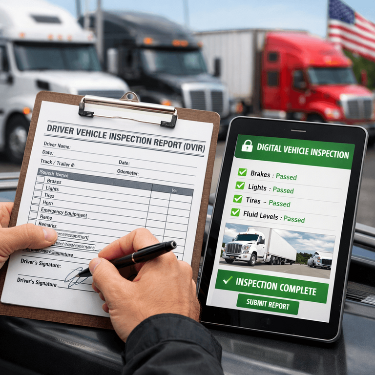 Paper DVIR form being quickly signed next to a tablet showing a secure digital inspection process