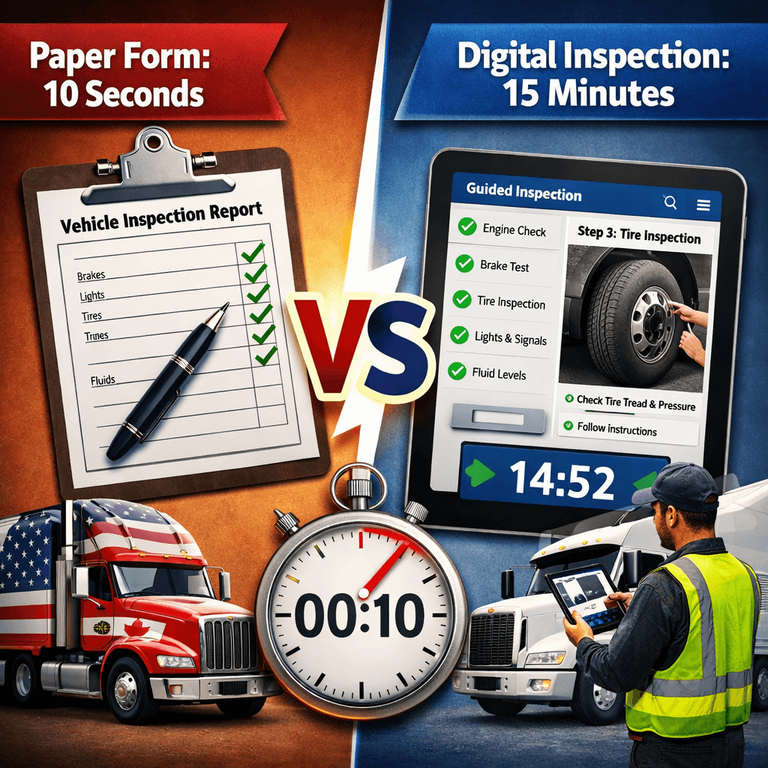 A visual comparison showing a paper form checked off in 10 seconds versus a digital timeline showing a 15-minute software-guided inspection