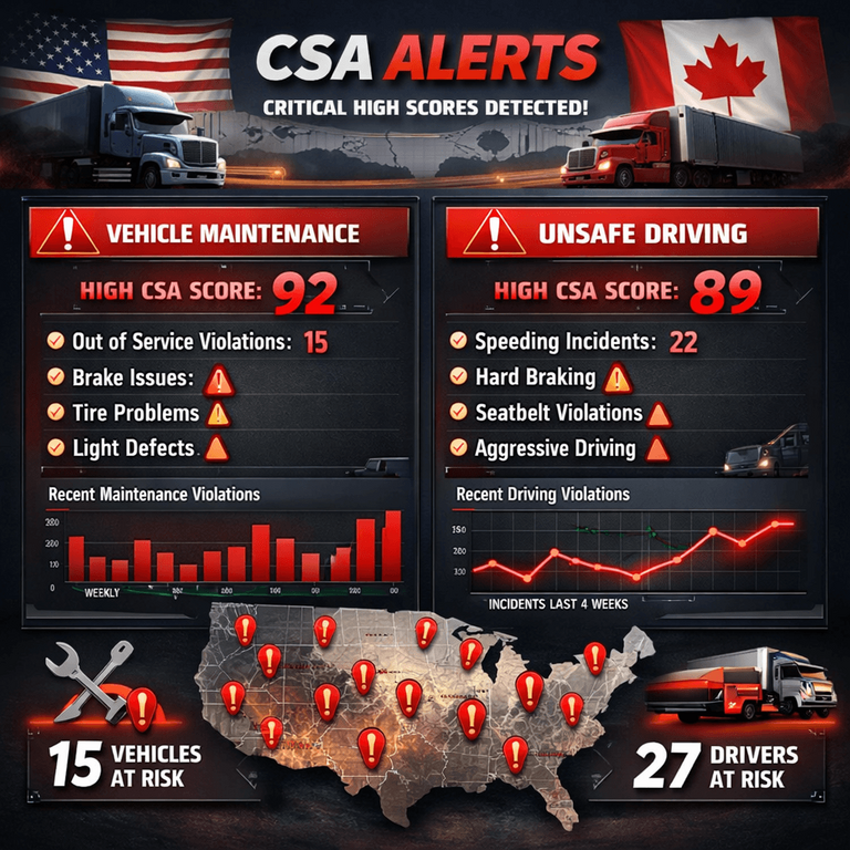 A digital dashboard showing critical red alerts for high CSA scores in Vehicle Maintenance and Unsafe Driving categories