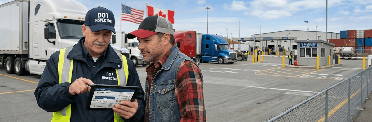 A DOT inspector reviewing digital fleet records on a tablet alongside a commercial truck driver