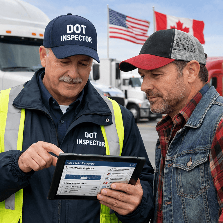 A DOT inspector reviewing digital fleet records on a tablet alongside a commercial truck driver