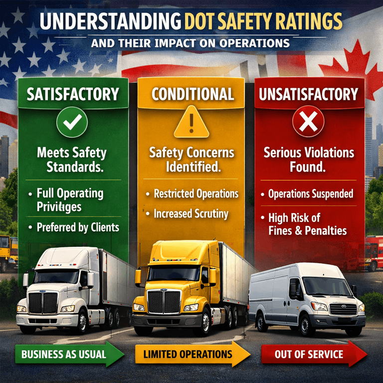 A graphic explaining the three DOT safety ratings: Satisfactory, Conditional, and Unsatisfactory, and their impact on operations