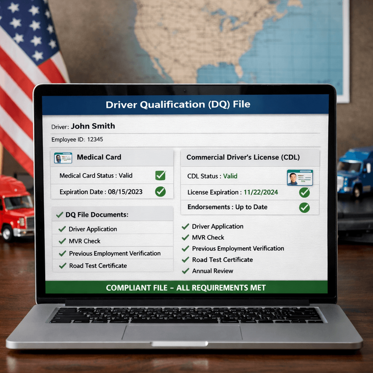 A laptop screen displaying a fully compliant digital Driver Qualification (DQ) file with green checkmarks indicating valid medical cards and CDLs