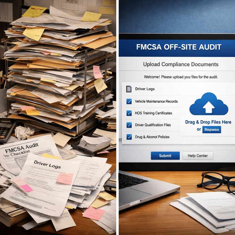 A split screen showing messy paper files on the left and a clean digital upload portal for the FMCSA off-site audit on the right