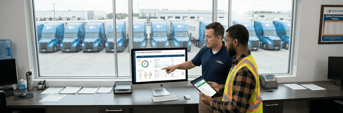 A fleet manager reviewing compliance metrics on a digital dashboard alongside a commercial truck driver using a pre trip inspection app