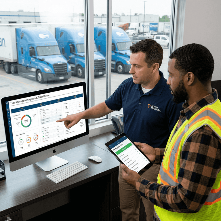 A fleet manager reviewing compliance metrics on a digital dashboard alongside a commercial truck driver using a pre trip inspection app