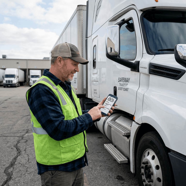 A truck driver standing next to a commercial vehicle while checking off a digital pre trip inspection checklist on a mobile application