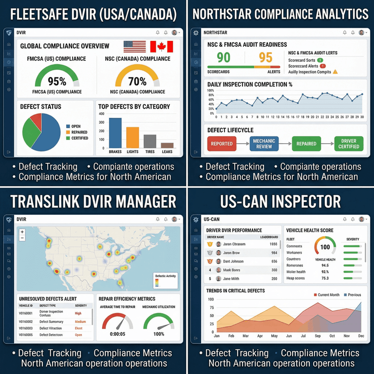 A split screen showcasing the analytics dashboards of multiple leading electronic DVIR systems highlighting defect tracking and compliance metrics