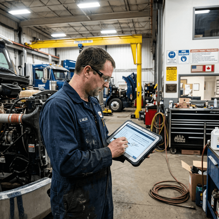 A diesel mechanic using a tablet to electronically sign off on a repaired defect in an electronic DVIR portal inside a maintenance garage