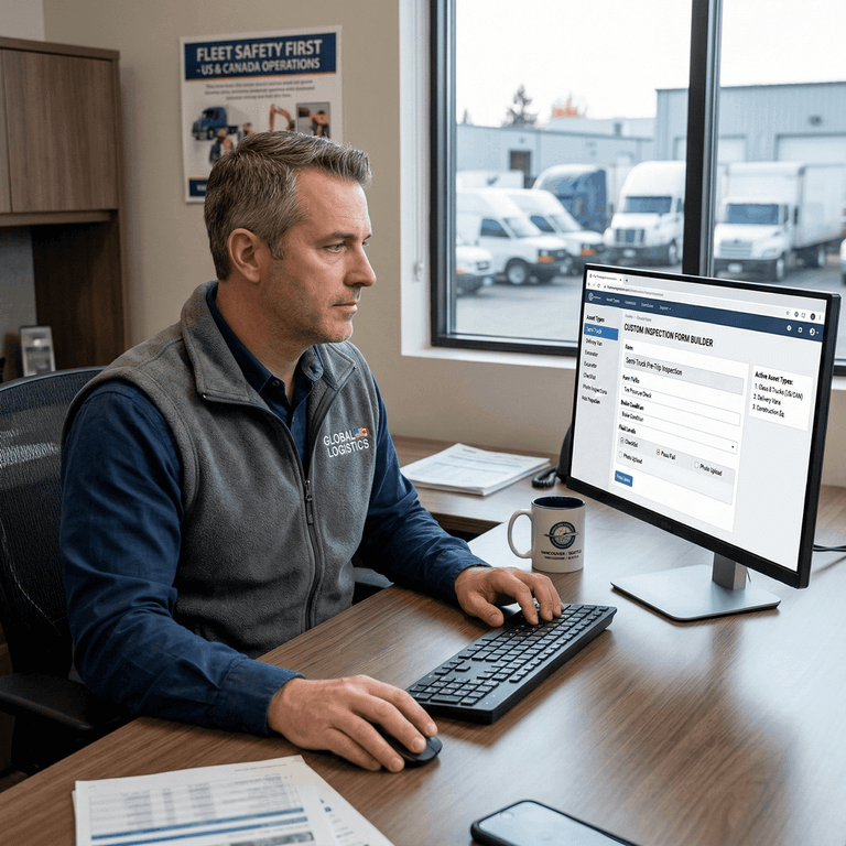 A tablet displaying a customized electronic DVIR checklist in front of a mixed fleet of semi-trucks and construction equipment