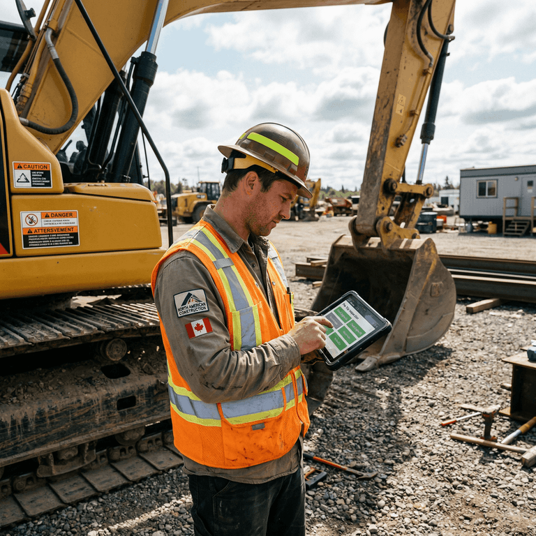 A construction worker in a high visibility vest and hard hat using a digital pre trip inspection software on a tablet in front of a yellow excavator