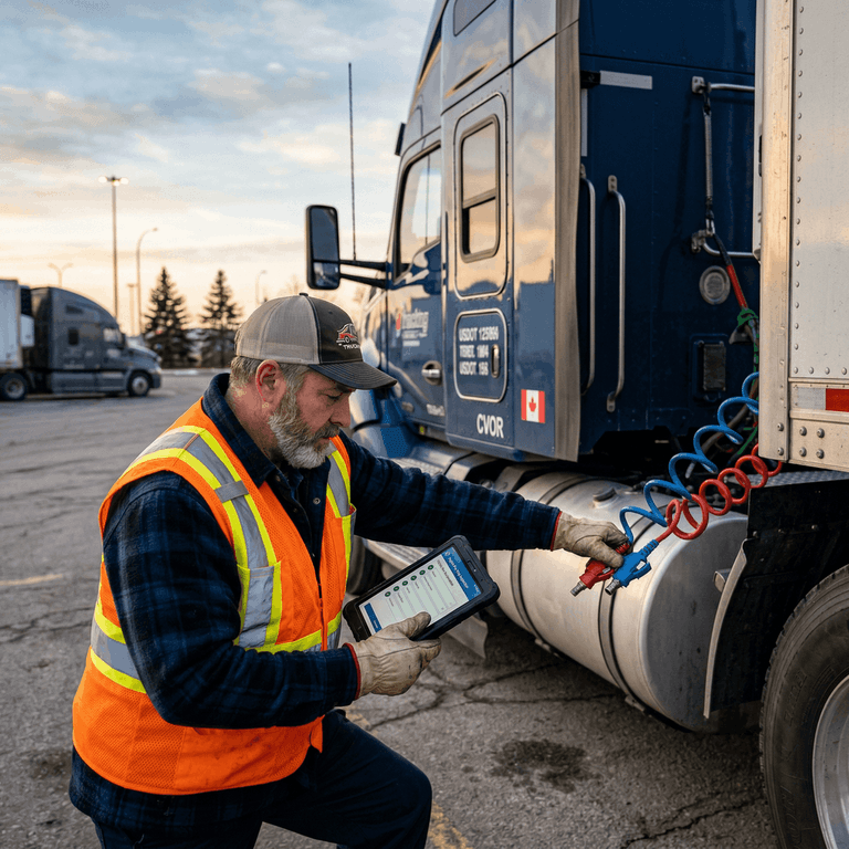 A commercial truck driver using a digital tablet to perform a pre trip inspection on the glad hands and air lines of a semi-truck