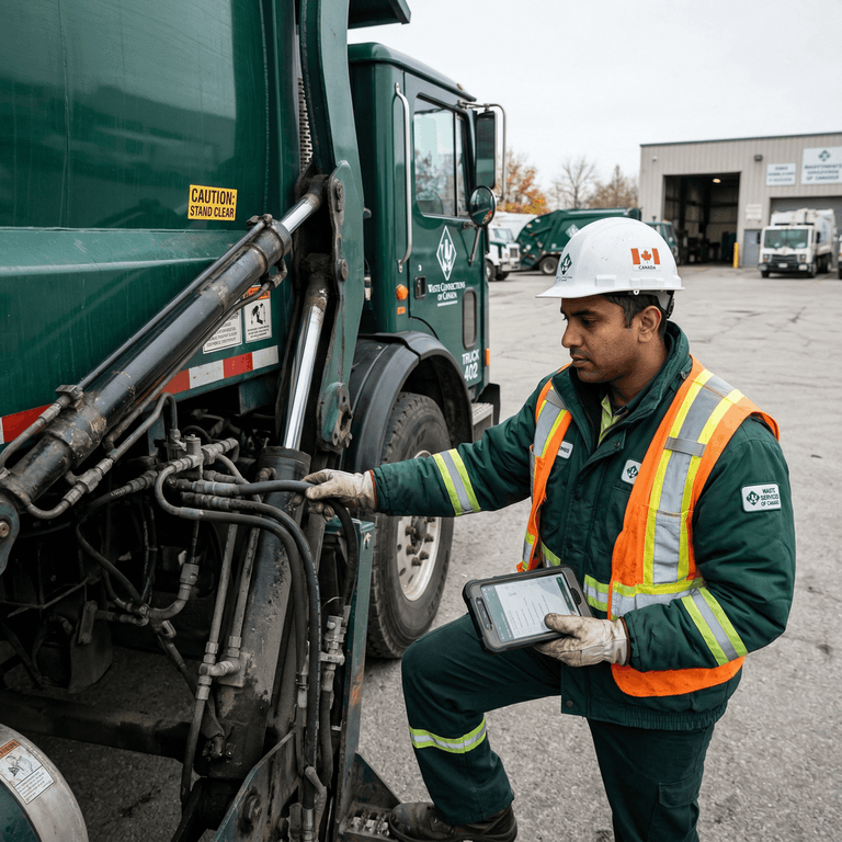 An operator inspecting the hydraulic lifting arms of a green waste management garbage truck while consulting a smartphone application