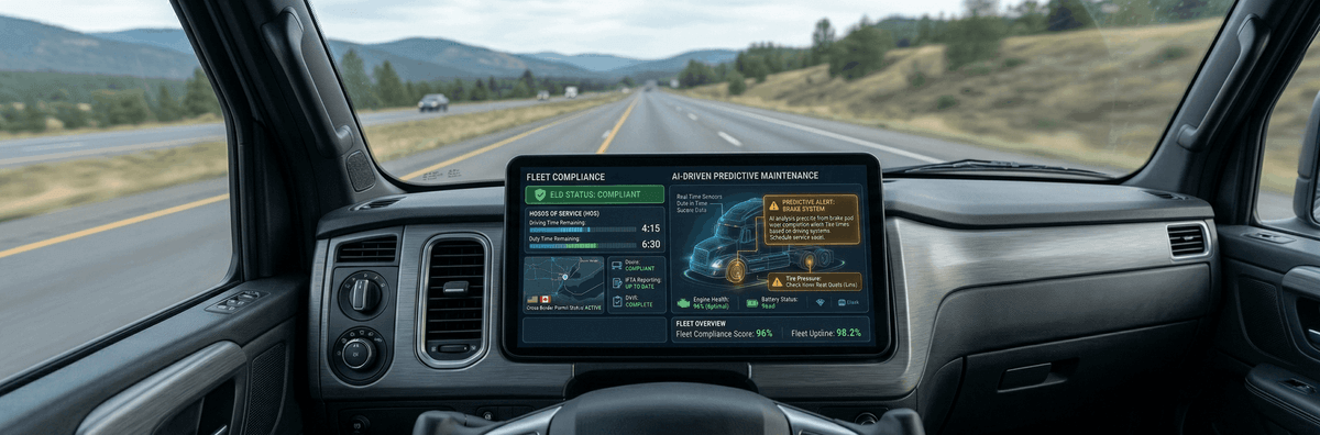 A futuristic digital dashboard displaying AI-driven fleet compliance metrics and predictive maintenance alerts for a commercial semi-truck