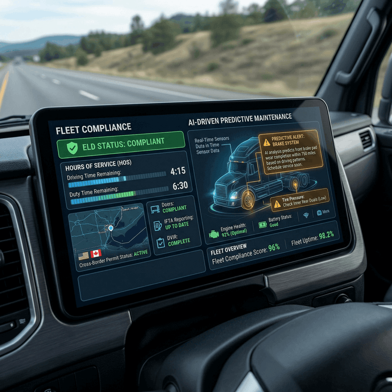A futuristic digital dashboard displaying AI-driven fleet compliance metrics and predictive maintenance alerts for a commercial semi-truck