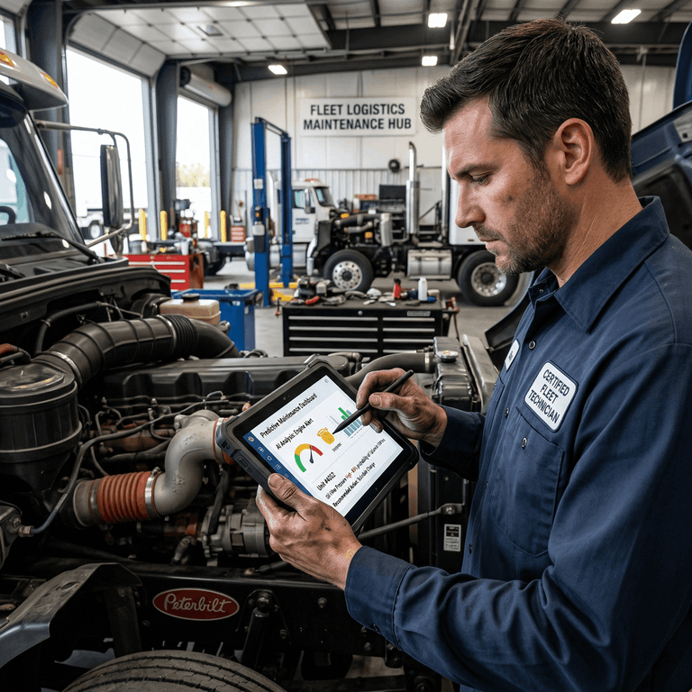 A mechanic using an AI-powered tablet application to analyze predictive maintenance alerts for a commercial vehicle engine