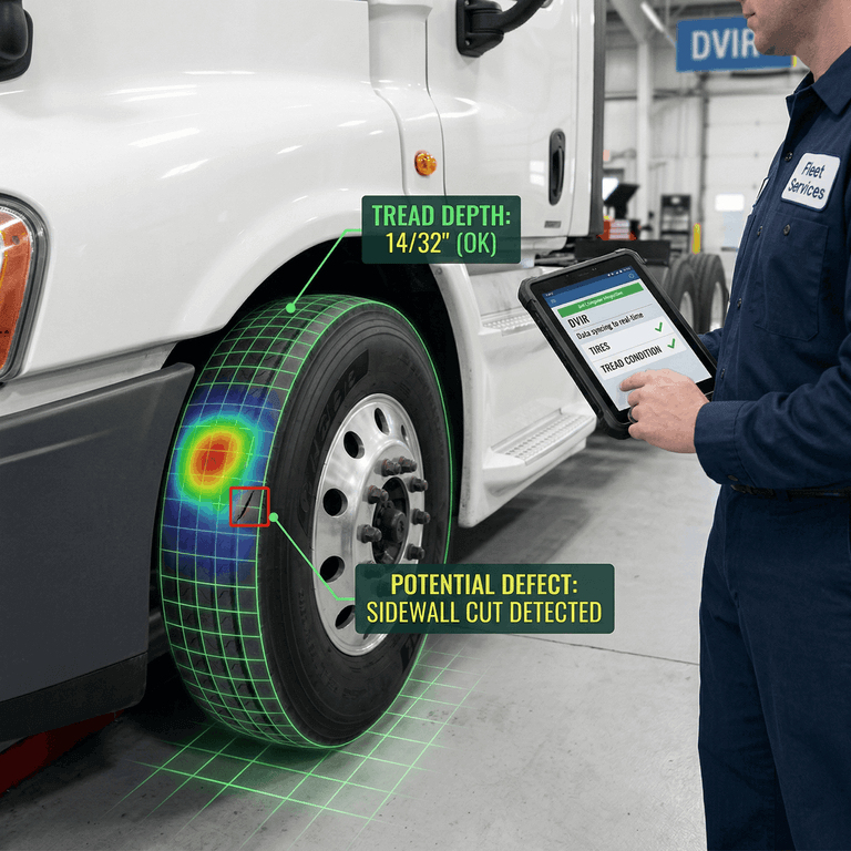 A conceptual visualization of AI computer vision scanning a commercial truck tire for tread depth and defects during an automated DVIR process