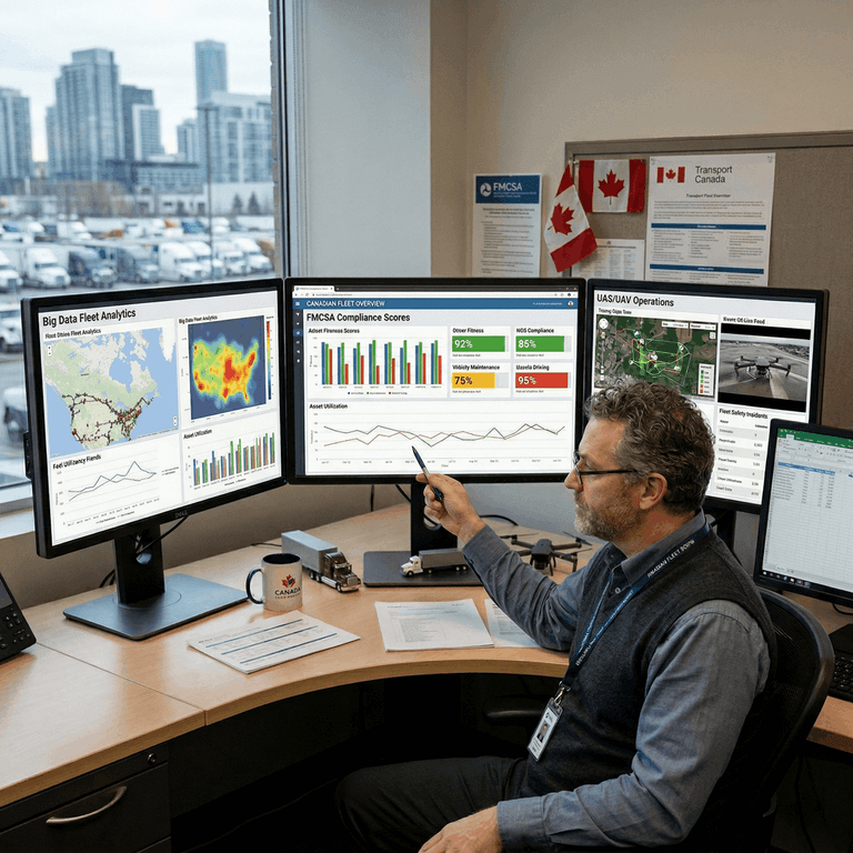 A fleet safety manager reviewing complex big data analytics and FMCSA compliance scores on multiple digital monitors
