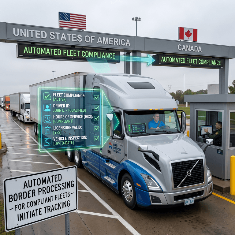Commercial semi-truck crossing the US-Canada border with automated compliance and driver qualification tracking