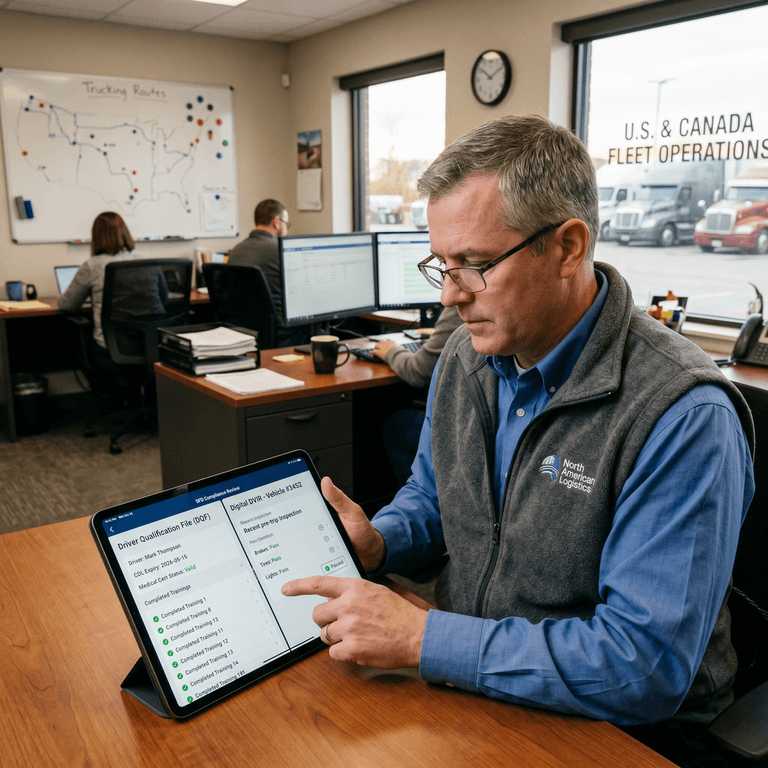 Fleet manager reviewing an electronic driver qualification file and digital DVIR on a tablet to ensure SFD compliance