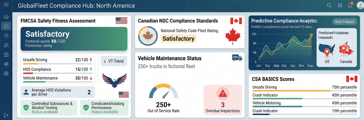 Digital dashboard showing FMCSA Safety Fitness Assessment scores and predictive compliance analytics