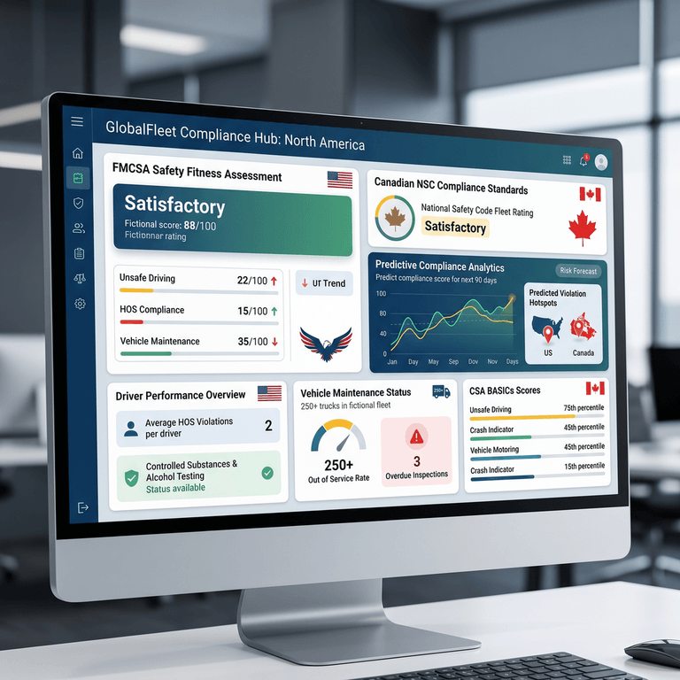 Digital dashboard showing FMCSA Safety Fitness Assessment scores and predictive compliance analytics