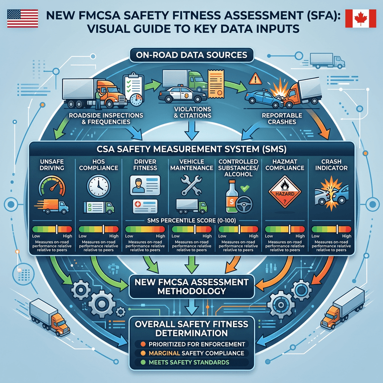 Visual representation of the new FMCSA Safety Fitness Assessment data inputs including CSA SMS percentiles and roadside inspection frequencies