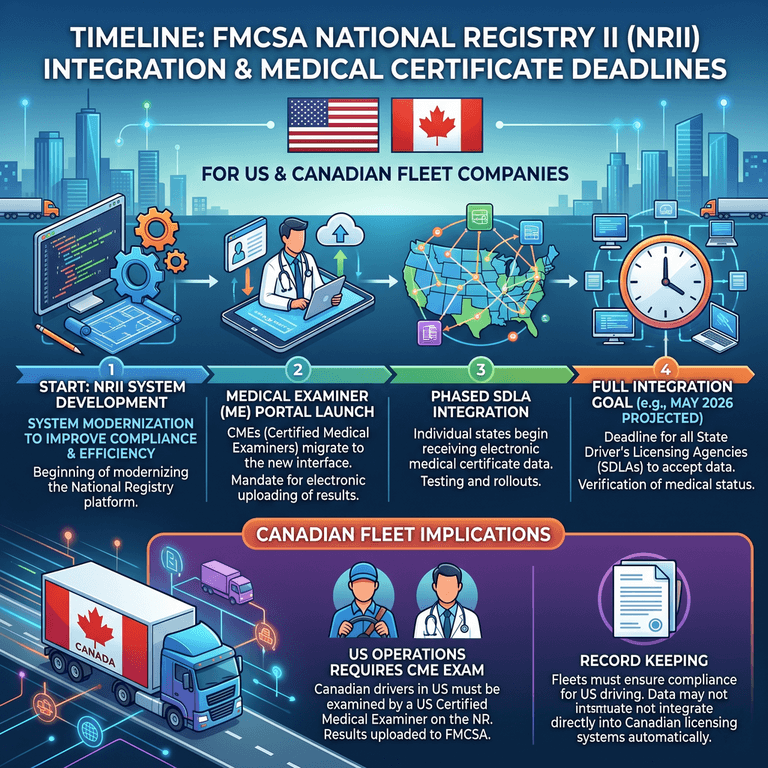 Timeline of the FMCSA National Registry II NRII integration and medical certificate electronic transmission deadlines