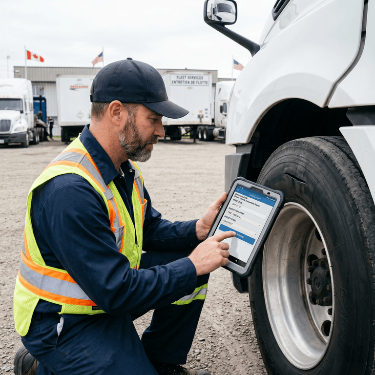 Driver using a tablet to take a photo of a tire defect within an electronic DVIR application to prevent roadside violations