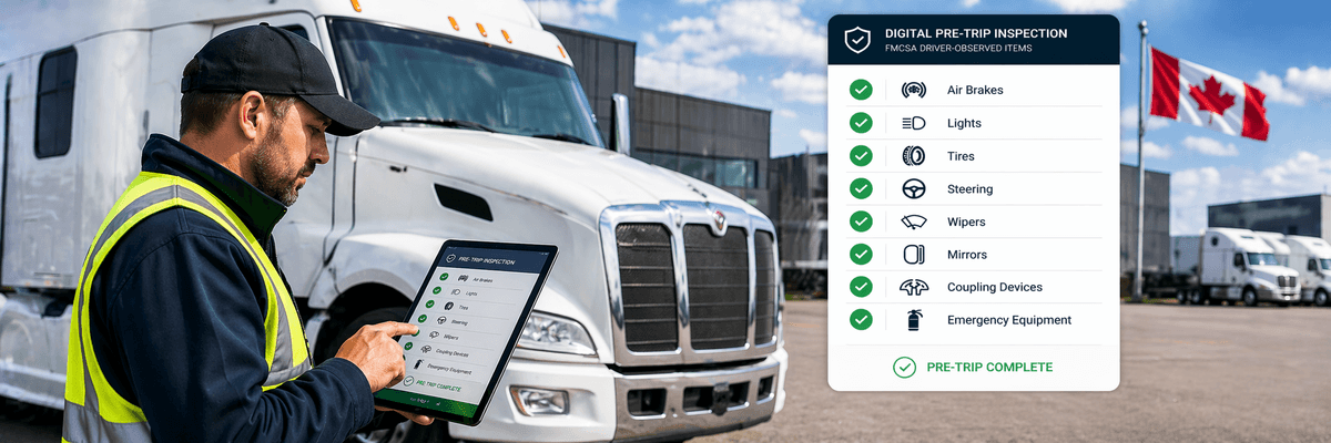 Commercial truck driver performing a digital pre-trip inspection to avoid FMCSA driver-observed violations
