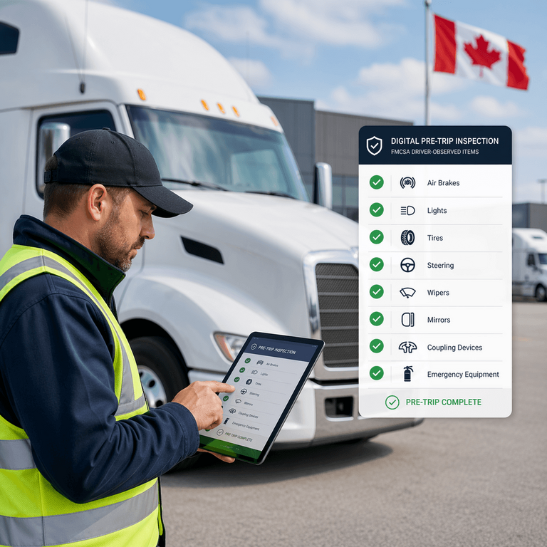 Commercial truck driver performing a digital pre-trip inspection to avoid FMCSA driver-observed violations