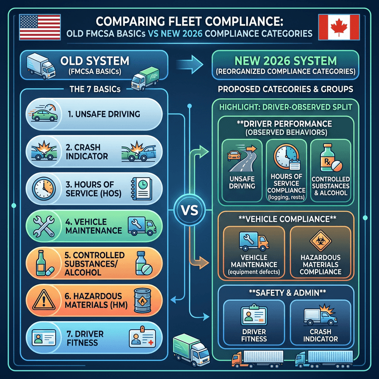 Chart comparing the old FMCSA BASICs to the new 2026 Compliance Categories highlighting the Driver Observed split