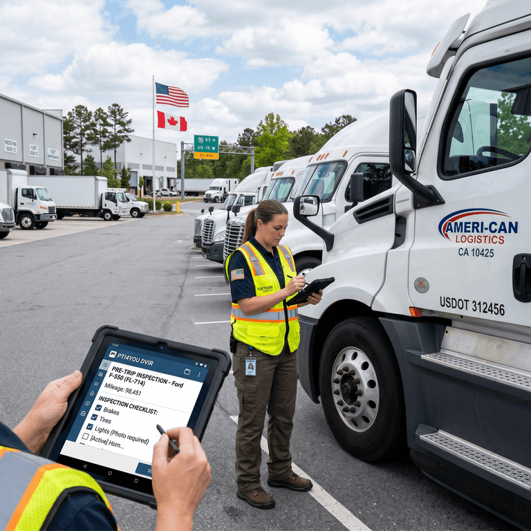 PTI4YOU mobile app interface showing simple, photo-proofed pre-trip inspections designed for small fleets
