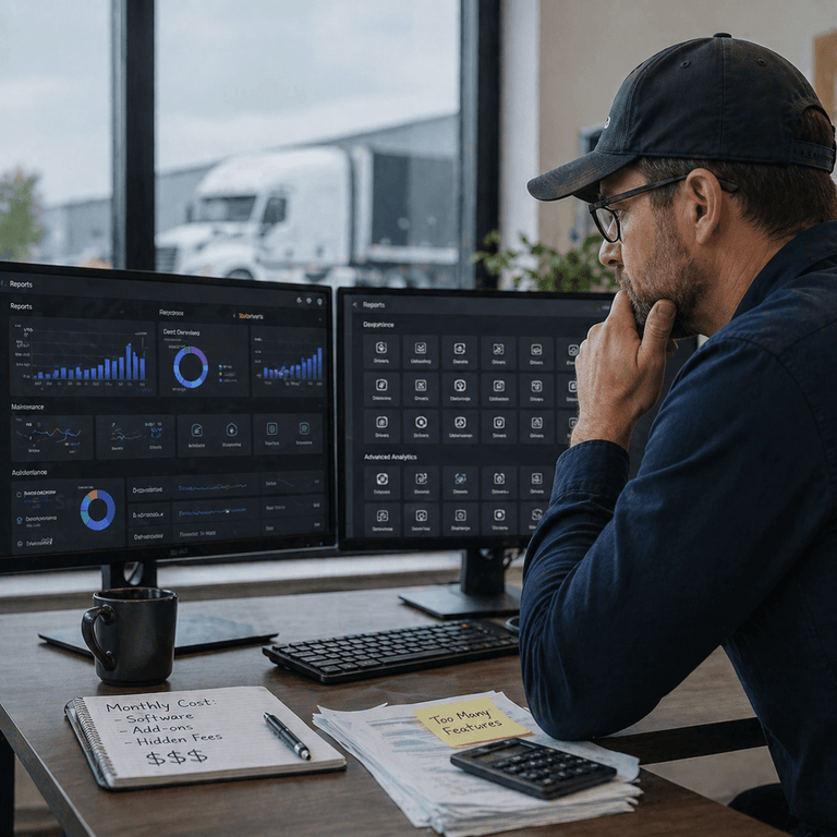 Small fleet manager reviewing complex software dashboards showing unused features and high monthly costs