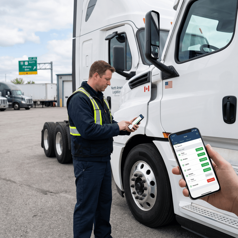 A truck driver performing a compliant pre-trip inspection using an electronic DVIR app on a smartphone